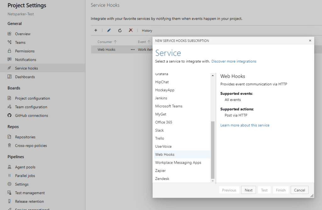New Service Hooks Subscription in Azure DevOps