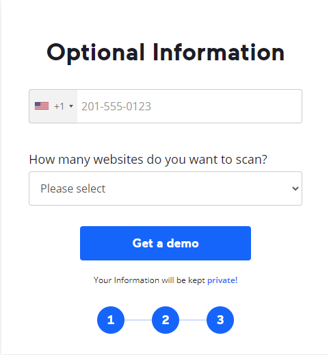 Get Demo Company Info and number of website selection screen